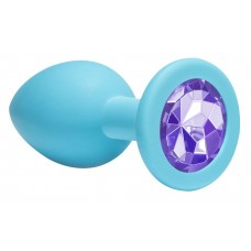 Средняя силиконовая голубая анальная пробка Emotions Cutie Medium с фиолетовым кристаллом - 8,5 см