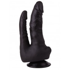 Двойной анально-вагинальный фаллоимитатор с бугорком на стволе и присоской - черный - 16,5 см