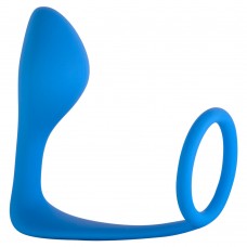 Эрекционное кольцо с анальной пробкой Button Anal Plug - синее