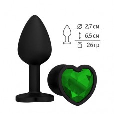 Малая анальная силиконовая пробка Джага Small чёрная с зелёным кристаллом-сердцем - 7,3 см
