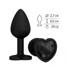 Малая анальная силиконовая пробка Джага Small чёрная с чёрным кристаллом-сердцем - 7,3 см