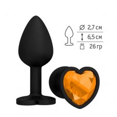 Малая анальная силиконовая пробка Джага Small чёрная с оранжевым кристаллом-сердцем - 7,3 см