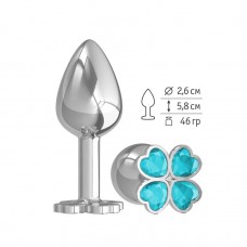 Малая анальная металлическая пробка Silver клевер - серебристая с голубыми кристаллами - 7 см