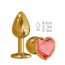 Малая анальная металлическая пробка Gold Small золотистая с красным кристаллом сердцем - 7 см