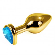 Малая анальная металлическая пробка Gold Small золотистая с голубым кристаллом сердцем - 7 см