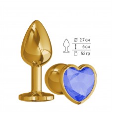 Малая анальная металлическая пробка Gold Small золотистая с синим кристаллом сердцем - 7 см