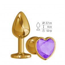 Малая анальная металлическая пробка Gold Small золотистая с фиолетовым кристаллом сердцем - 7 см