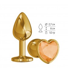 Малая анальная металлическая пробка Gold Small золотистая с оранжевым кристаллом сердцем - 7 см