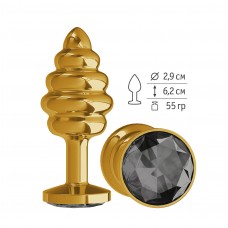 Малая анальная металлическая золотистая пробка Gold Spiral Small с рёбрышками и чёрным кристаллом - 7 см