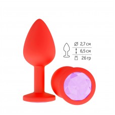 Малая анальная силиконовая пробка Джага Small красная с сиреневым кристаллом - 7 см