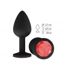 Малая анальная силиконовая пробка Джага Small чёрная с красным кристаллом - 7 см