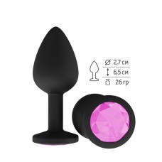 Малая анальная силиконовая пробка Джага Small чёрная с розовым кристаллом - 7,3 см