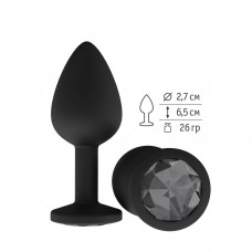 Малая анальная силиконовая пробка Джага Small чёрная с чёрным кристаллом - 7 см