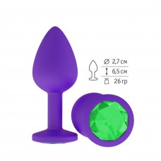 Малая анальная силиконовая пробка Джага Small фиолетовая с зеленым кристаллом - 7,3 см