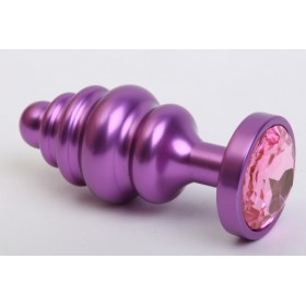 Анальная фигурная пурпурная металлическая пробка Anal Jewelry Plug с розовым кристаллом - 8 см