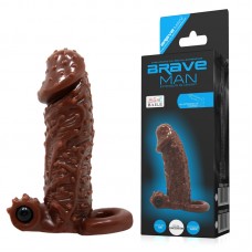 Вибро-насадка на пенис с подхватом мошонки Brave Man - коричневая - 13,7 см