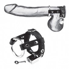 Утяжка-кольцо на пенис на замочке Duo Cock And Ball Lock с креплением за мошонку - чёрная