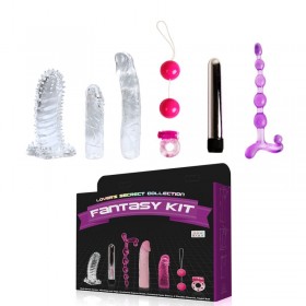 Набор для любовных игр Fantasy Kit из 7 предметов: вибратор, вагинальные шарики, 3 насадки, эрекционное виброкольцо, анальная цепочка