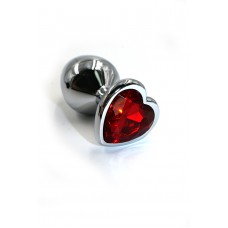Большая металлическая анальная пробка Kanikule Large - серебристая с красным кристаллом сердцем - 9 cм