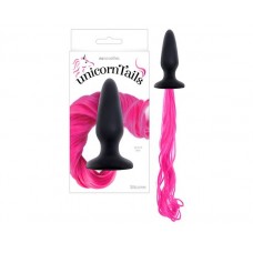 Анальная пробка Unicorn Tails Pink с розовым хвостом - чёрная - 10 cм
