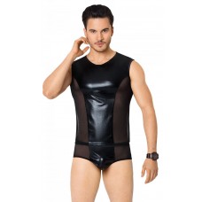 Соблазнительный мужской костюм SoftLine сетка с wet-look вставками - чёрный