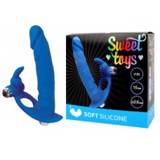 Вибро-насадка для двойного проникновения Sweet toys с клиторальным стимулятором - синяя - 16 см
