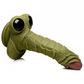 Фантазийный чешуйчатый, ребристый фаллоимитатор Swamp Monster с розовой головкой и чёрными глазами - зелёный - 23,9 см